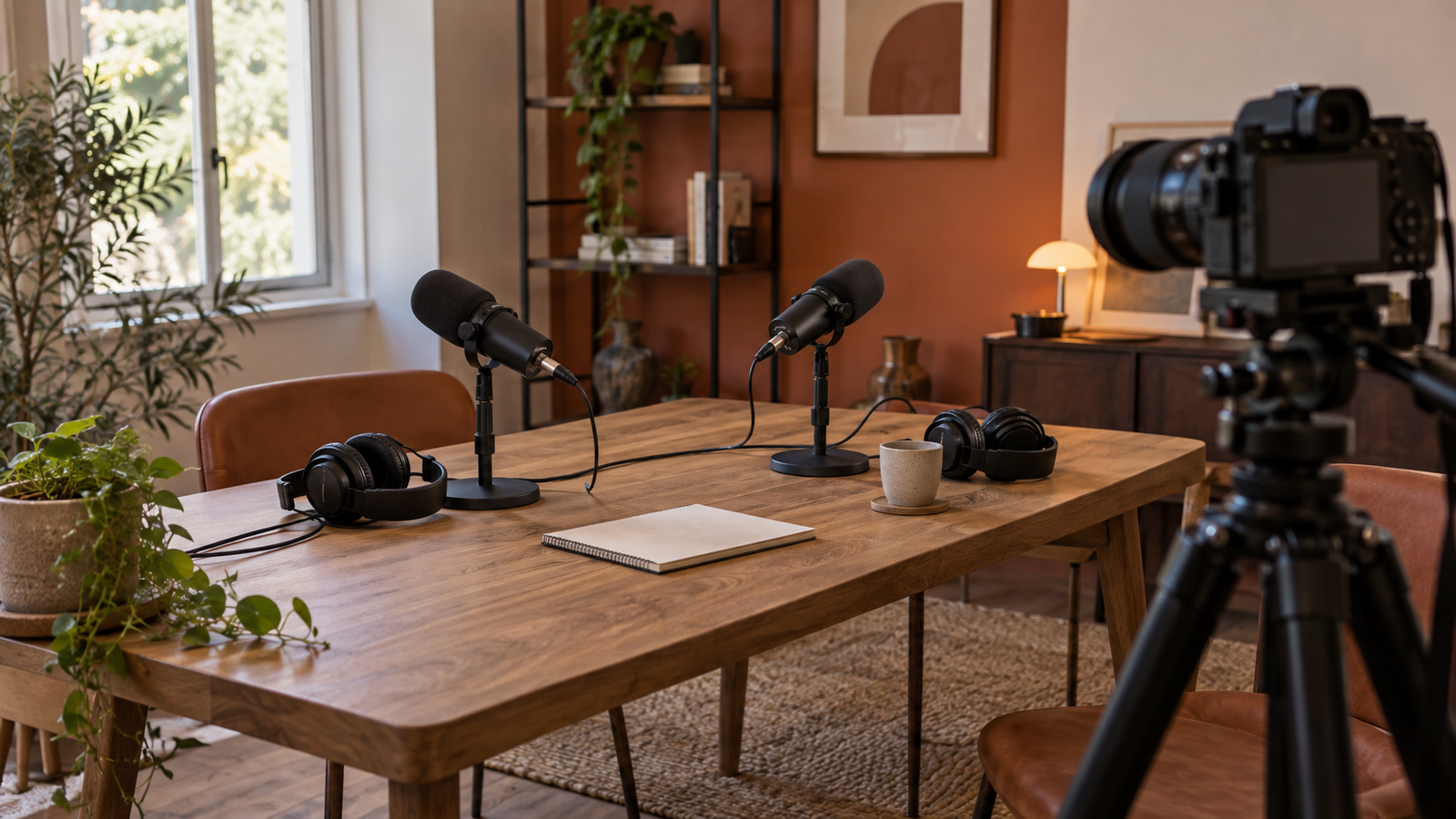 Micrófonos y auriculares sobre una mesa con una cámara preparada para grabar un videopodcast.