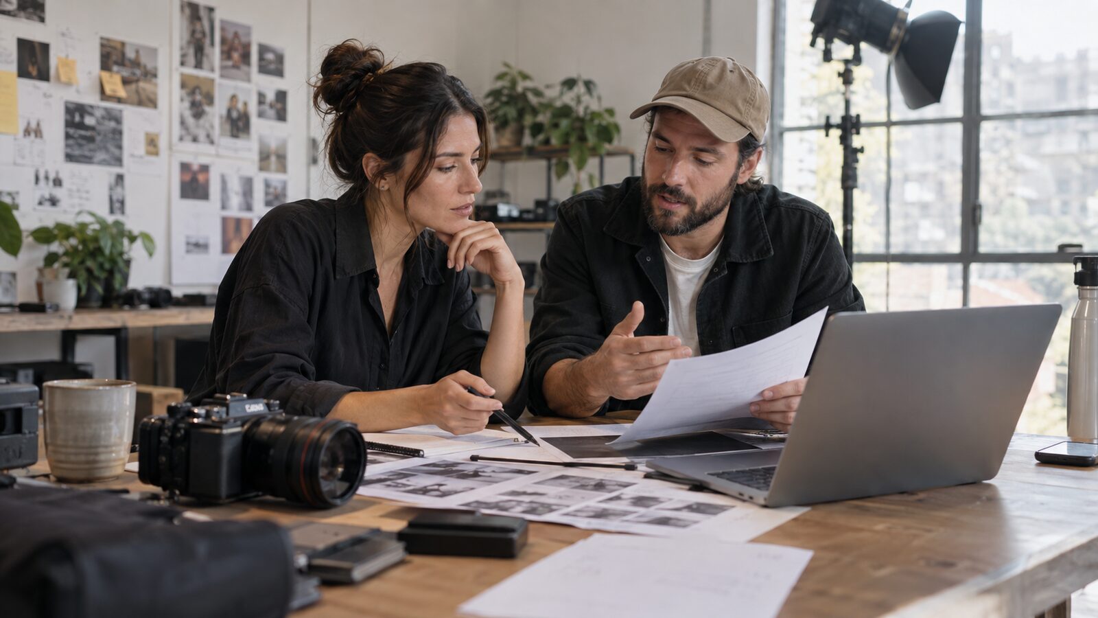 Dos profesionales revisan un plan de producción audiovisual junto a una cámara y un ordenador en un estudio.