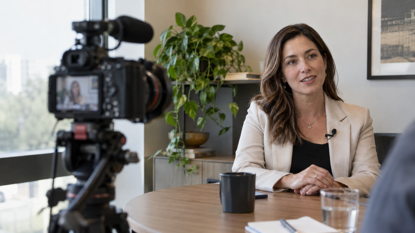 Una profesional participa en una entrevista de vídeo en una oficina, con una cámara en primer plano y un micrófono de solapa.
