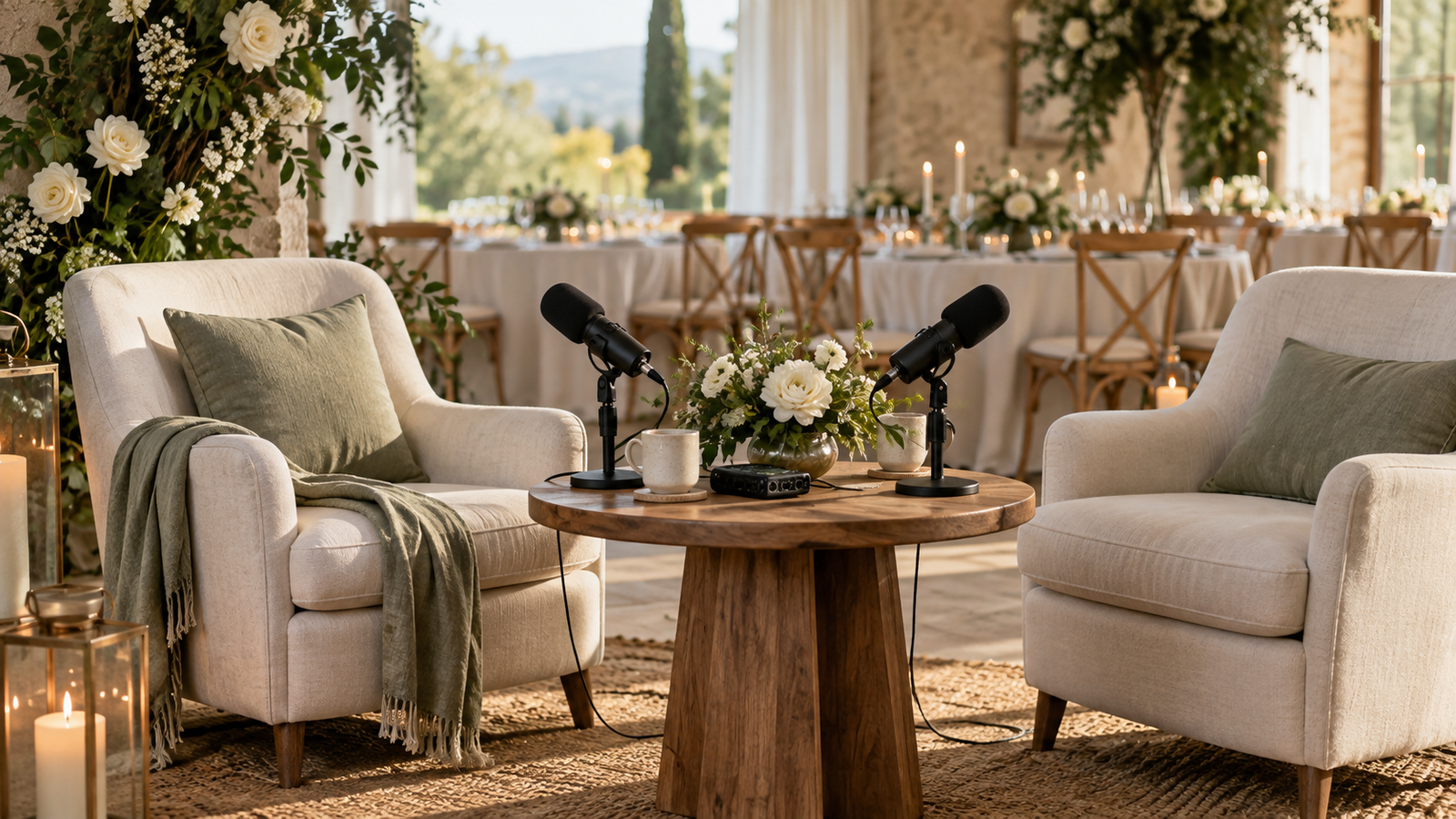 Rincón de podcast decorado para una boda, con dos sillones, micrófonos y flores blancas.