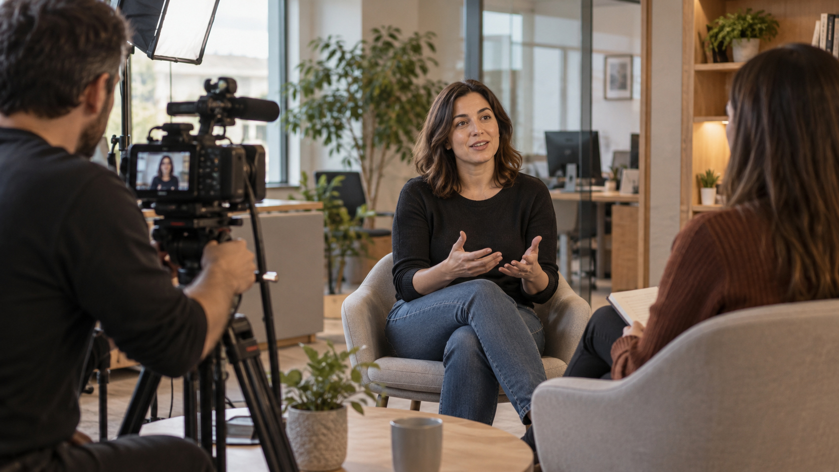 Escena ilustrativa generada con IA de una entrevista a una profesional durante un rodaje sobre la experiencia de trabajar en una empresa.