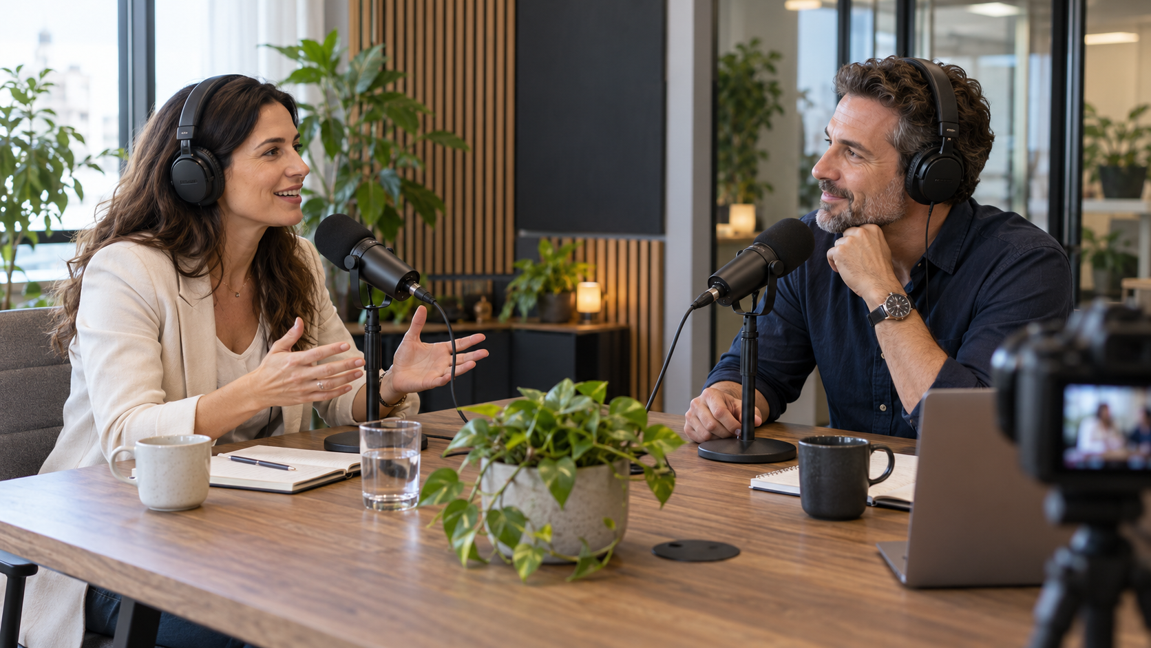 Escena ilustrativa generada con IA de dos profesionales grabando una conversación para un podcast interno de empresa.