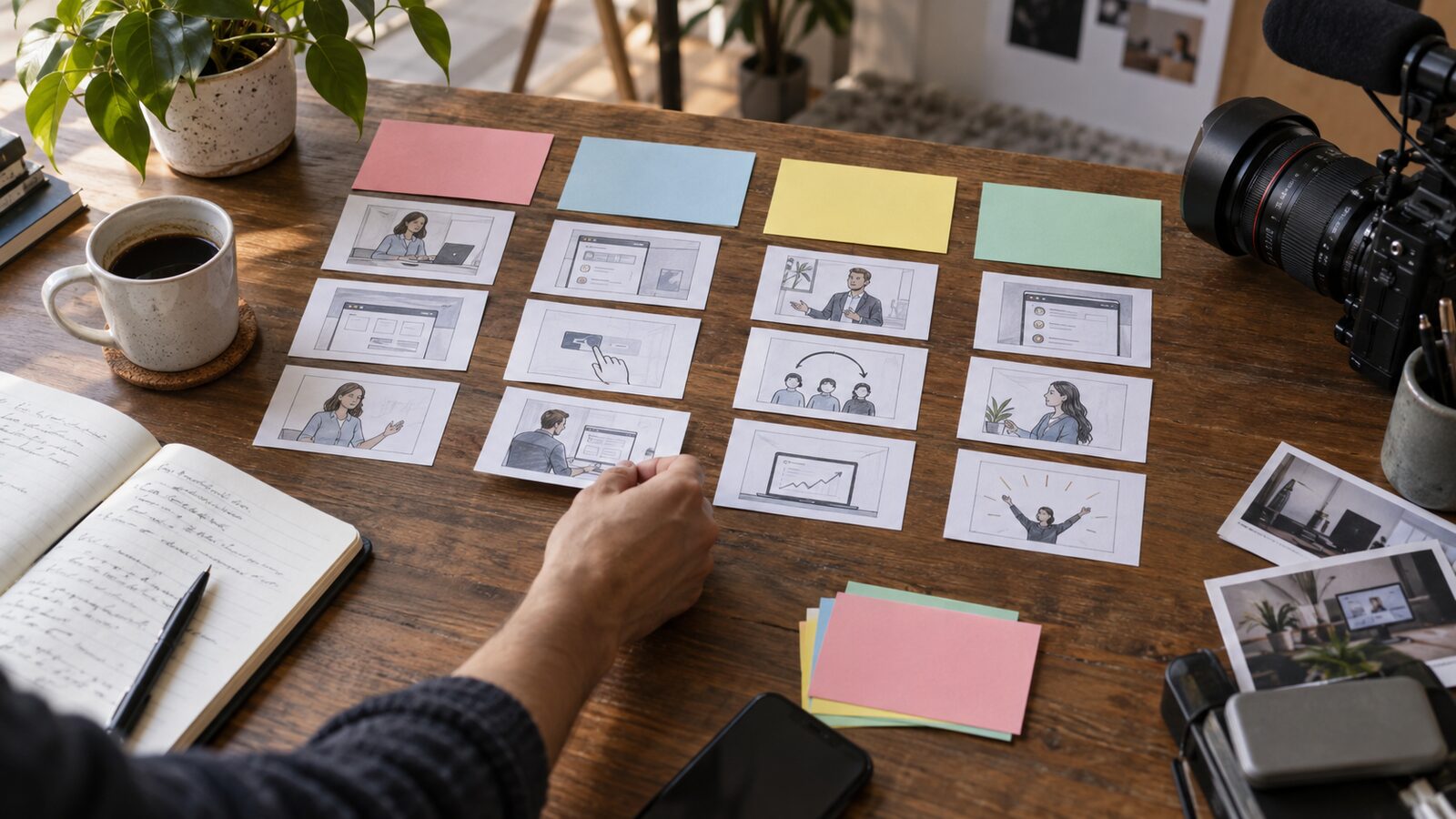 Tarjetas y guiones gráficos organizados sobre una mesa de producción junto a una cámara.