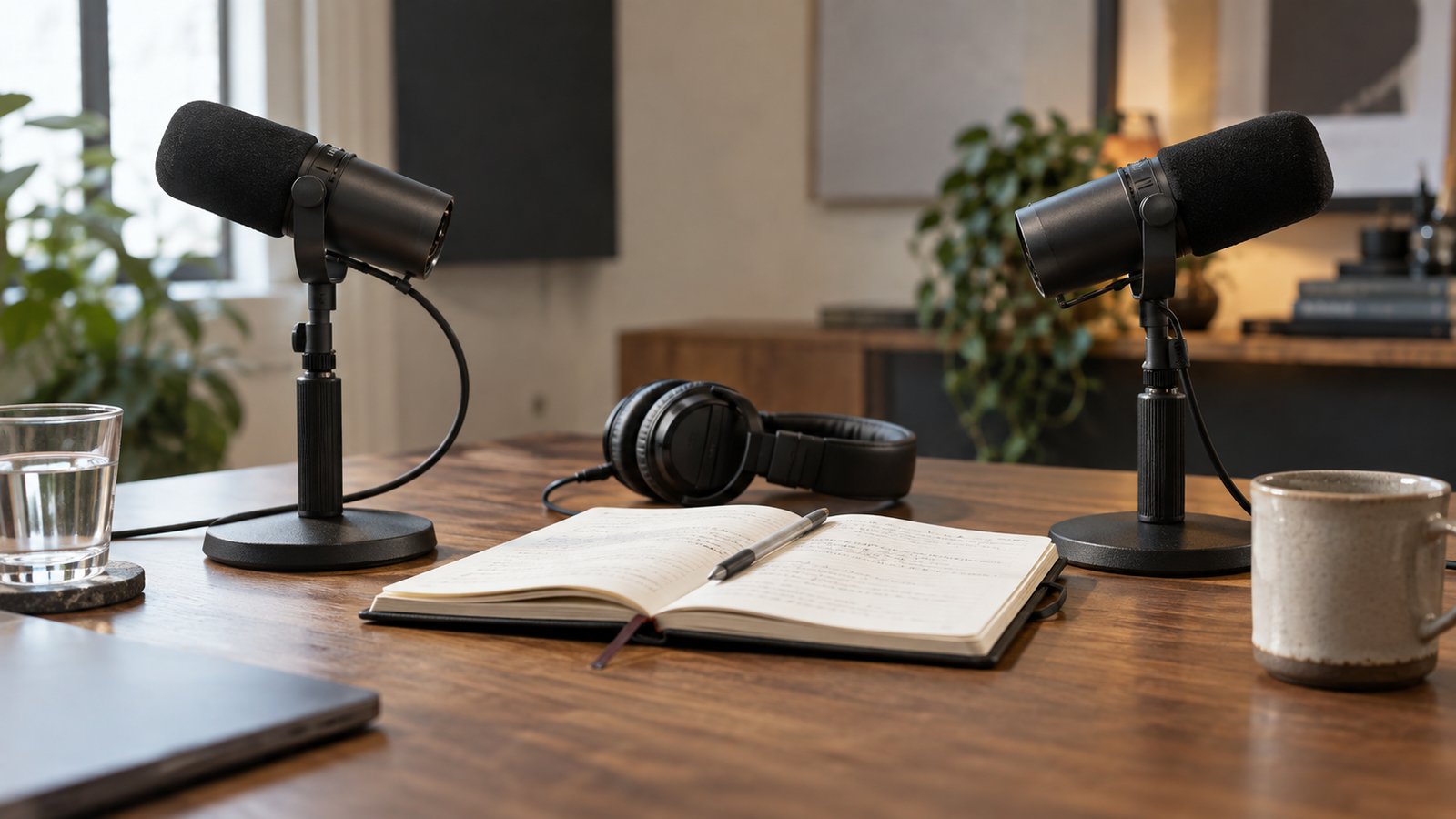 Dos micrófonos de podcast, unos auriculares y un cuaderno abierto sobre una mesa de madera.