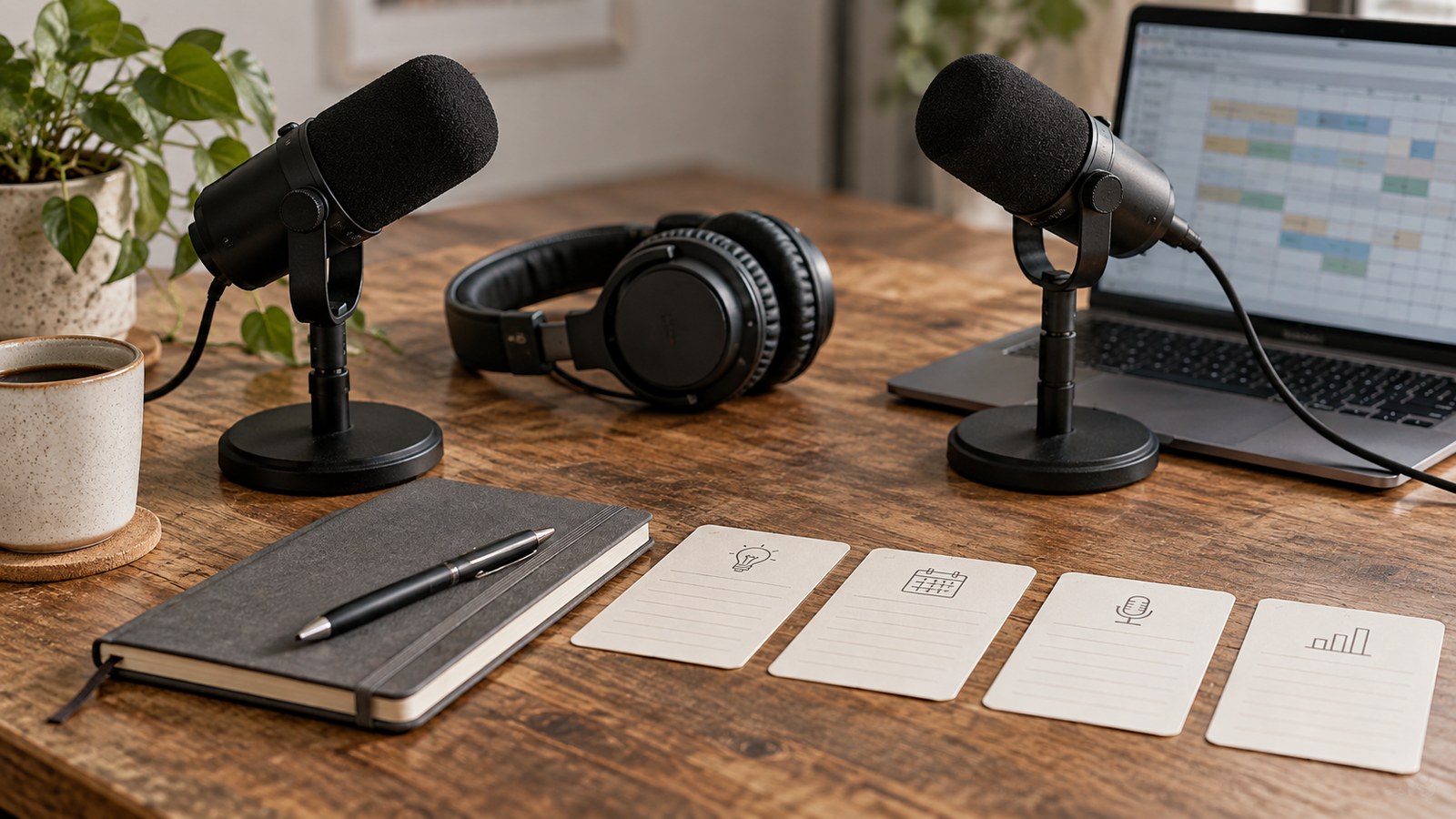 Dos micrófonos, auriculares y un cuaderno junto a un portátil y tarjetas de planificación sobre una mesa.