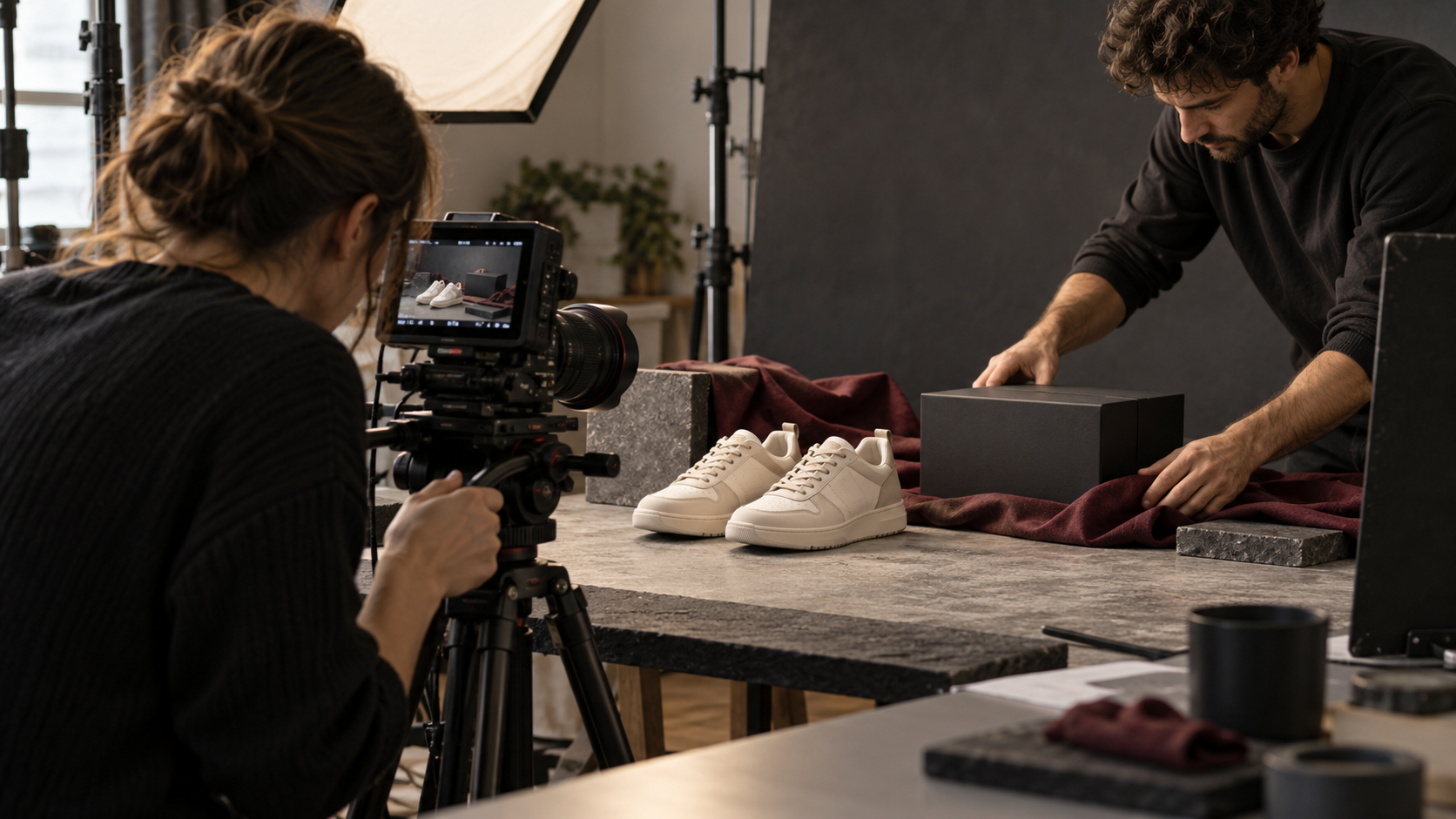 Escena ilustrativa generada con IA de un equipo grabando calzado para una campaña de ecommerce.